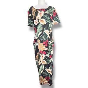 Vintage 90s Liberty House Young Hawaii Black Tropical Dark Floral Maxi Dress